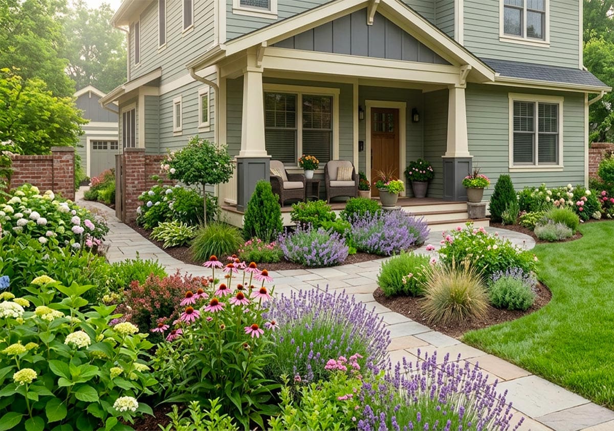 A house with a beautiful garden in the frontyard